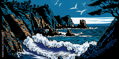 Wood Block Inspired Illustration of California's Big Sur During Storm. Generative ai photo