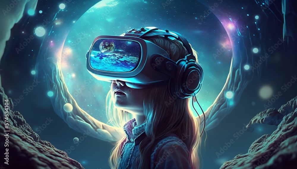 Concept of the metaverse with a child donning a virtual reality headset ...