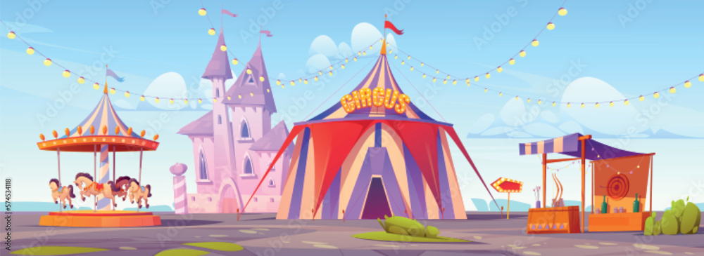 Cartoon amusement park. Vector illustration of circus tent, pink fantasy castle, carousel with toy horses, archery attraction under blue sky. Festive open air funfair for family weekend entertainment