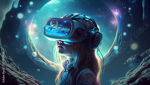 Concept of the metaverse with a child donning a virtual reality headset while playing a space adventure game. Generative Ai.