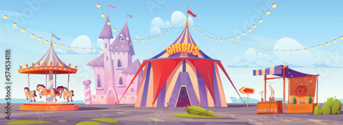 Cartoon amusement park. Vector illustration of circus tent, pink fantasy castle, carousel with toy horses, archery attraction under blue sky. Festive open air funfair for family weekend entertainment