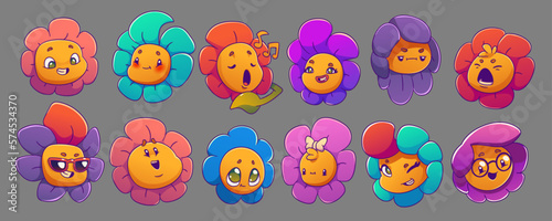 Cute set of daisy flower face emotions in vector. Isolated groovy floral character with happy, shy, tired and cool emotion expression. Comic cheerful plant design with petal in retro style.