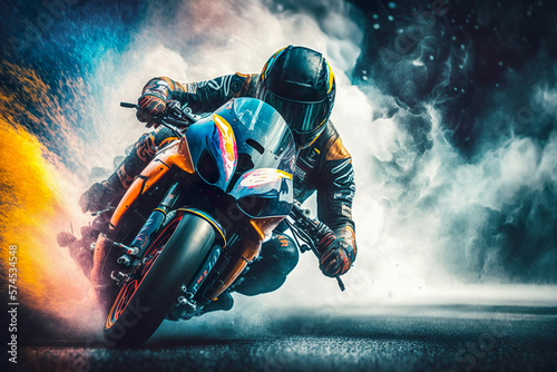 Motorcycling Racing on race track , Motor sports competitive racing , Motorbikes racing on road , Generative Ai