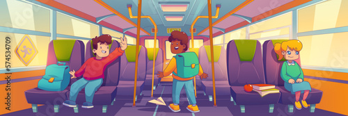 Happy kids travel inside yellow school bus. Vector illustration of contemporary cartoon children with backpacks, books, snacks. Boy saying hello to friend, girl looking out window, having fun on trip