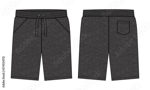 Cotton fleece fabric Shorts pant illustration Black Color template front and back views. 