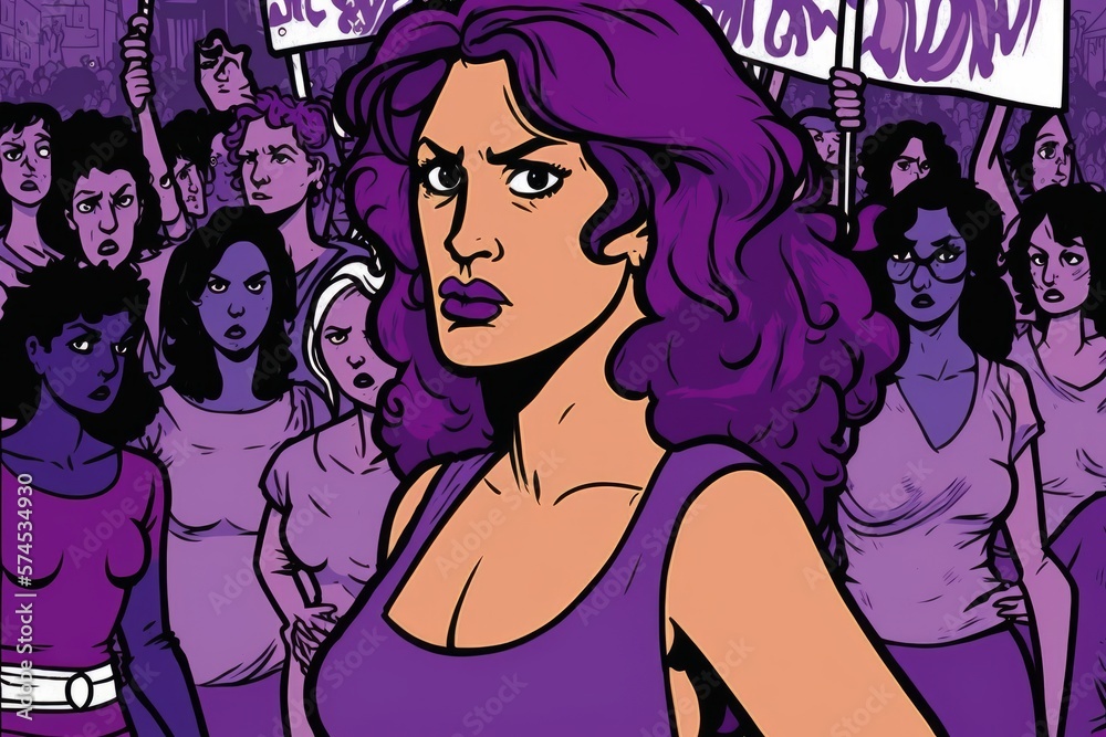 Bold Female Cartoon Characters Fighting for Progress, color purple. International women's day.