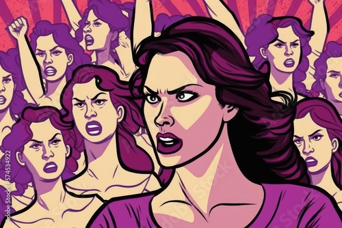 Animated Women Fighting for Equality, color purple. International women's day.