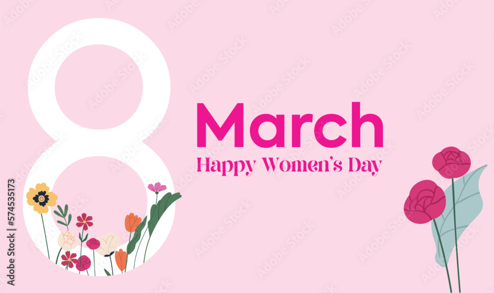 8 March Happy Women's Day Banner. Women's History Month banner. Flat vector illustration. Modern feminist vector stock illustration. The con for equality, international women day, activism, feminism 
