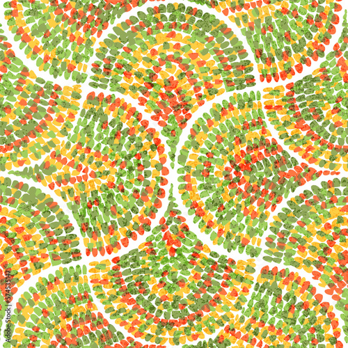 Seamless abstract pattern. Green, orange and white shades. Vector illustration.