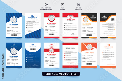 Minimal ID card design bundle with red and blue colors. Student and employee identification card collection with creative shapes. Corporate identity card set design for business organizations. photo