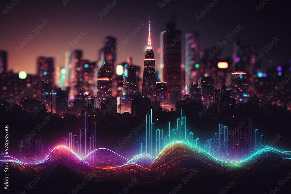 a colorful neon light sound wave with a city skyline in the background. Generative AI