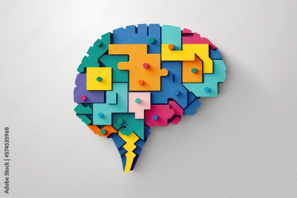 Neurodiversity concept. Brain from colorful puzzle pieces.The concept of rational and irrational thinking. Colourful shapes of abstract brain for concept of idea and teamwork. GENERATIVE AI - obrazy, fototapety, plakaty 
