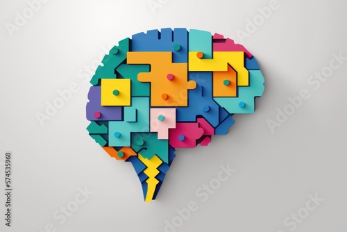 Neurodiversity concept. Brain from colorful puzzle pieces.The concept of rational and irrational thinking. Colourful shapes of abstract brain for concept of idea and teamwork. GENERATIVE AI photo