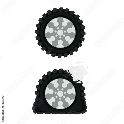 Flat tire. Punctured car wheel, vector illustration