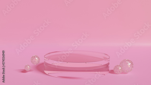 Realistic pink 3D cylinder pedestal podium set with leaf shadow overlay. The minimal scene for products showcases Abstract minimal scene mockup products display.