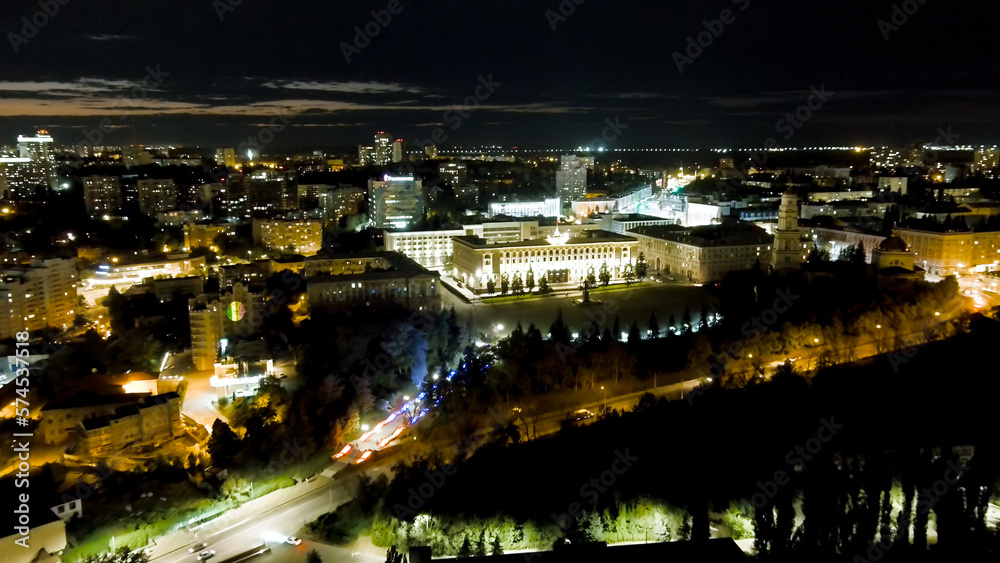 Lipetsk, Russia - August 31, 2022: Government of the Lipetsk region. Lenin-Cathedral Square. Night city lights. Flight after sunset. History Center, Aerial View