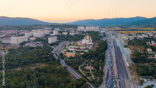 Gelendzhik, Russia. Cathedral of St. Andrew the First Called. Sunset time, Aerial View