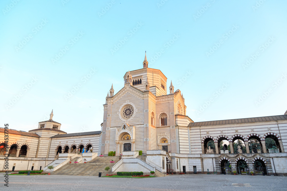Milan, Italy - July 7, 2019: Monumental cemetery (Italian: Cimitero Monumentale di Milano). One of the richest tombstones and monuments in Europe