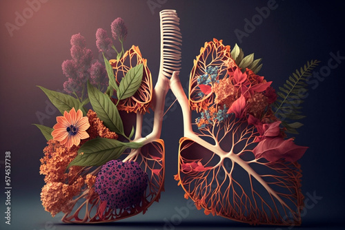 Human lungs made with purple field flowers on white background. Minimal coronavirus or pneumonia concept. Green, world health or environment day and ecology concept. photo