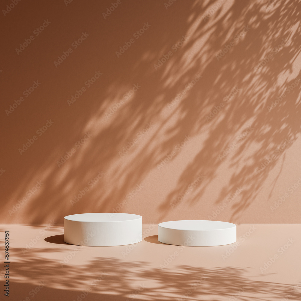 Minimal pedestal 3d podium on natural tree leaf shadow pastel brown background. Nature product promotion beauty cosmetics display. Nude Studio Minimal showcase for advertisement Minimal pedestal 3d podium on natural tree leaf shadow pastel brown background. Nature product promotion beauty cosmetics display. Nude Studio Minimal showcase for advertisement
