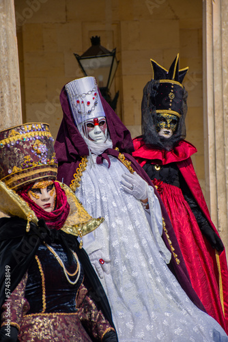 Corfu, Greece - February 19, 2023:Beautiful carnival costume posing in Corfu,Greece