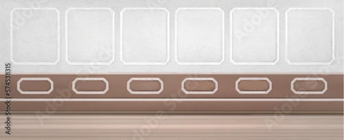 Beige wall molding and wood floor with baseboard realistic vector background. Classic plaster decor in apartment or library. Showroom wallpaper pattern. Elegant moulding relief in house hall.