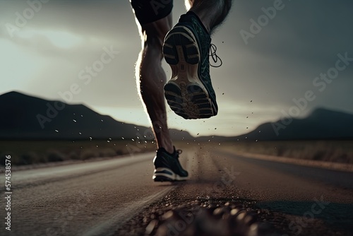 Close up on shoe sprint powerful. Runner athlete running on the road. Generative AI