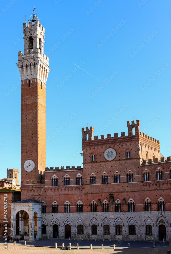 Ancient tower called TORRE DEL MANGIA in the main square of SIENA in central Italy