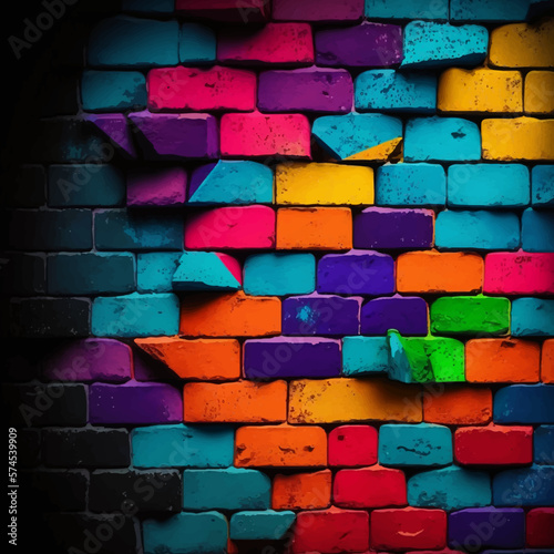 Colorful grunge art wall panting background. graffiti brick wall colorful background. Colorful brick wall texture. Brick wall, background, neon light.