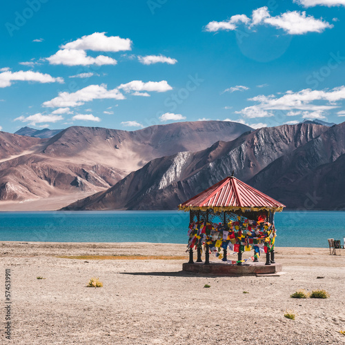 beautiful landscape traveling with close up red hexagon pavilion of Pangong tso, Leh Ladakh, India