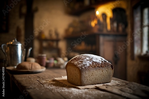 Wheat bread in a rustic and artisan kitchen, Generative Ai