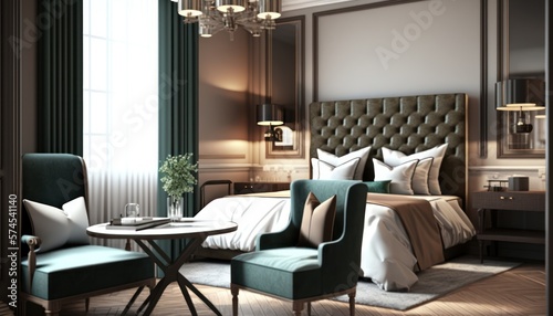 Hotel luxury suite, bedroom interior, double bed room, comfortable furnirture. Generative AI © Rawf8