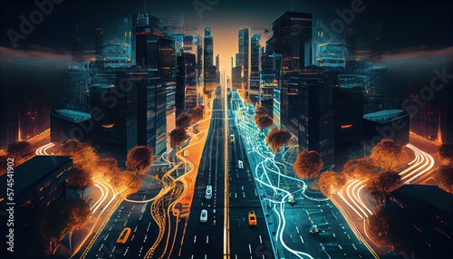 Smart city, techno mega city, iot. Background for tech titles , news headline. Green city. Generative AI