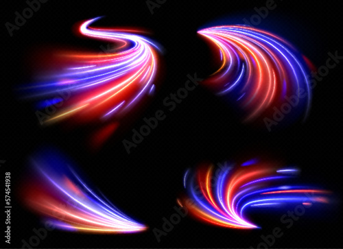 Realistic set of long exposure light effects isolated on black background. Vector illustration of fast speed motion trail, blurred abstract lines. Traffic moving on night road. Magic energy flash
