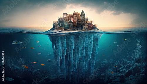 City under water, flood. Global warming, climate catastrophe, climate summit. Generative AI 