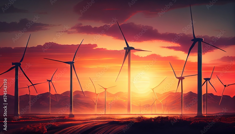 Obraz premium Wind farm, renewable energy sourcesGlobal warming, climate catastrophe, climate summit. Generative AI 