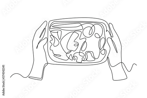 Single one line drawing hand holding lunch box. Healthcare at office concept. Continuous line draw design graphic vector illustration.