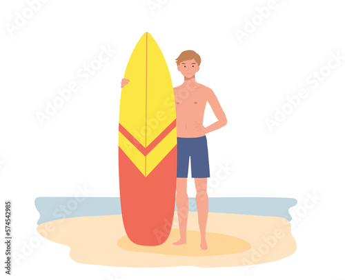 summer beach vacation theme. A man wearing in swim suit holding surfboard on the beach. Flat Vector illustration