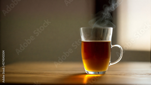 Cup of tea with steam on table (wooden / wood) / Glas / Fancy Glas / black tea / Place for Text / Copy Space / Blank Text