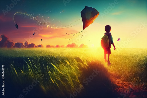 illustration of little boy with kite in field at sunset. AI