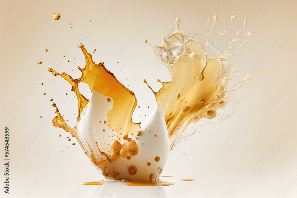 AI generated splashes of coffee and milk spilled on table AI generated splashes of coffee and milk spilled on table