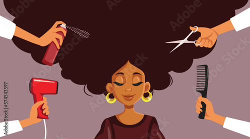 Woman of African Ethnicity with beautiful Hair Surrounded by Hair Stylists . Pretty model having voluminous afro hair in a hair salon
