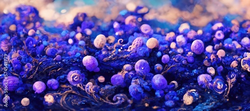 Abstract sea foam splash bubbles, detailed turbulent ocean waves surf. Vivid watercolor purple and blue grungy texturing, bokeh blur background glitter and sparkle - generative AI.