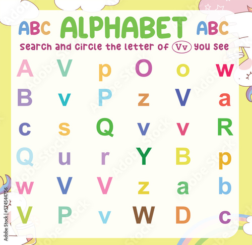 Search and circle the uppercase and lowercase of every V letter on the worksheet. Learning the alphabet for kindergarten and preschool children. Colorful and printable page. Educational worksheet. 