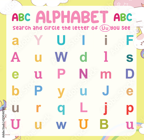 Search and circle the uppercase and lowercase of every U letter on the worksheet. Learning the alphabet for kindergarten and preschool children. Colorful and printable page. Educational worksheet. 