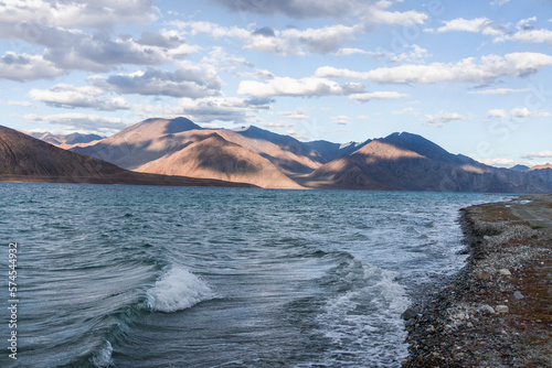 beautiful landscape of Pangong tso with beautiful and relaxing wave in evening, Leh Ladakh, India