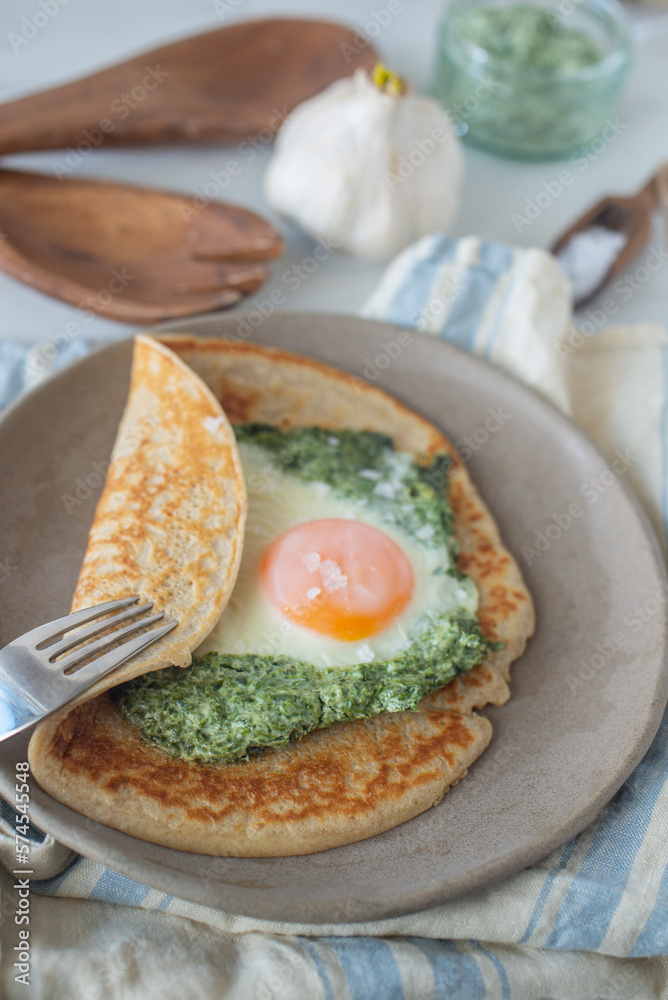 Galette de sarasin - French Buckwheat crepe with egg and bacon
