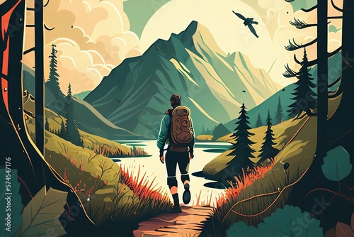 illustration of people hiking  made with generative ai
