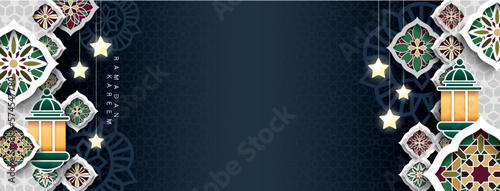 Islamic festival banner template design, paper graphic of islamic decorations and lanterns. Suitable for Ramadan Kareem , Hari Raya, Eid Mubarak, Eid al Adha.