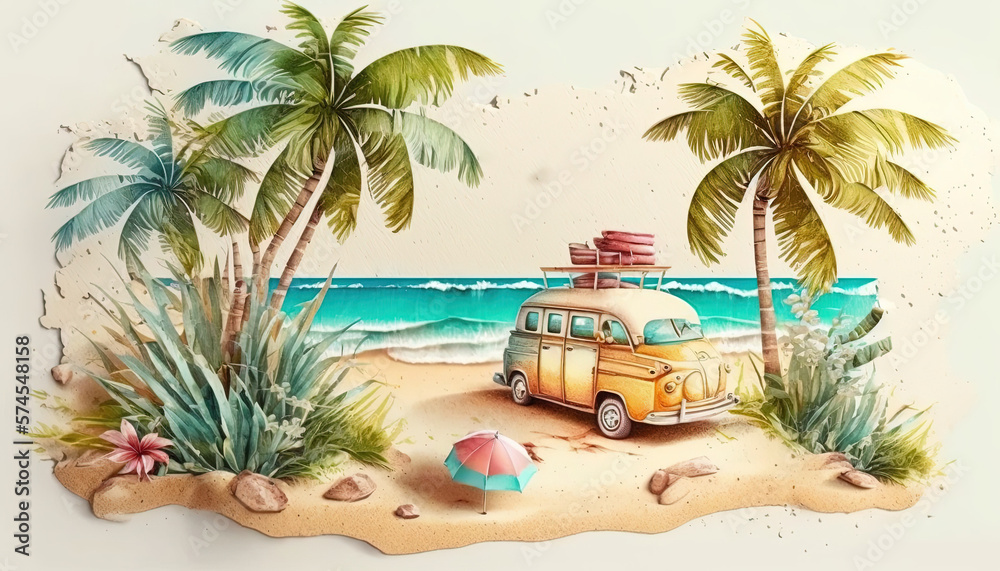 Camping at the beach - Summer - Watercolor - Generative AI Art